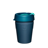KeepCup Thermal Medium 12oz/340ml Double Walled Stainless Steel Reusable Cup in Lachenalia Colour. Showing the takeaway cup with the lid on.