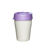 KeepCup Thermal Medium 12oz/340ml Double Walled Stainless Steel Reusable Cup in Moonshine Colour. Showing the takeaway cup with the lid on.