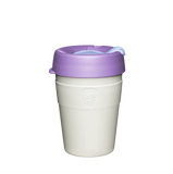 KeepCup Thermal Medium 12oz/340ml Double Walled Stainless Steel Reusable Cup in Moonshine Colour. Showing the takeaway cup with the lid on.