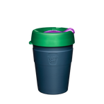 KeepCup Thermal Medium 12oz/340ml Double Walled Stainless Steel Reusable Cup in Scaevola Colour. Showing the takeaway cup with the lid on.