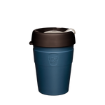 KeepCup Thermal Medium 12oz/340ml Double Walled Stainless Steel Reusable Cup in Sea Holly colour. Showing the takeaway cup with the lid on.