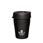 KeepCup Thermal Medium 12oz/340ml Double Walled Stainless Steel Reusable Cup with Sea Shepherd logo in Black colour with a stone surface finish style. Showing takeaway cup with the lid on.