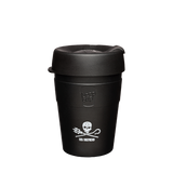 KeepCup Thermal Medium 12oz/340ml Double Walled Stainless Steel Reusable Cup with Sea Shepherd logo in Black colour with a stone surface finish style. Showing takeaway cup with the lid on.