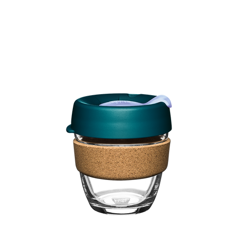 KeepCup Brew Cork Small 8oz/227ml Glass Reusable Cup with Eventide coloured lid and cork band.