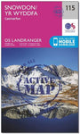 An image of the front cover of the OS Landranger Active 115 map of Snowdon Yr Wyddfa