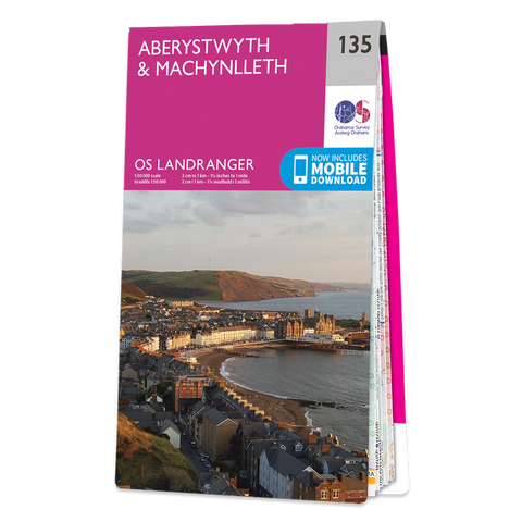 An image showing the front cover of the OS Landranger 135 map of Aberystwyth & Machynlleth