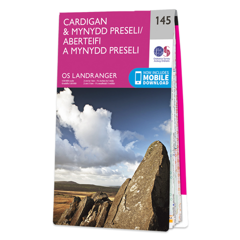 An image of the front cover of the OS Landranger 145 map of Cardigan & Mynydd Preseli