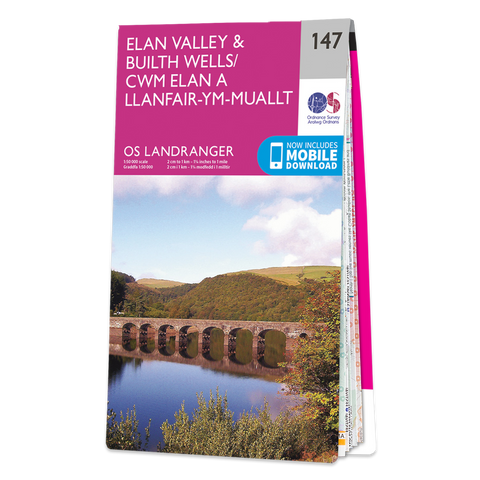 An image showing the front cover of the OS Landranger 147 map of Elan Valley & Builth Wells