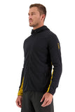 Mons Royale Approach Merino Shift Fleece Hood in the colour Black shown with hood down from the side