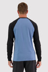 Mons Royale Icon Raglan Long Sleeve Merino Men's top in the colour Blue Slate, shown from the back