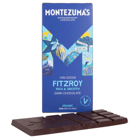 Montezumas FitzRoy - 74% Dark Chocolate 90g vegan organic chocolate bar showing both the bar and the packaging.