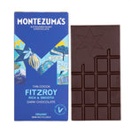 Montezumas FitzRoy - 74% Dark Chocolate 90g vegan organic chocolate bar showing both the bar and the packaging side by side.