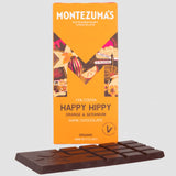 Montezumas Happy Hippy - Dark Chocolate with Orange & Geranium showing packaging and chocolate bar