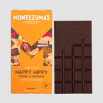 Montezumas Happy Hippy - Dark Chocolate with Orange & Geranium showing packaging next to chocolate bar