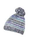Pachamama Langtang Bobble Beanie in Blue. A blue and white striped bobble beanie on white background