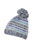 Pachamama Langtang Bobble Beanie in Blue. A blue and white striped bobble beanie on white background