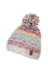 Pachamama Langtang Bobble Beanie in Multi. A rainbow striped bobble beanie on a white background