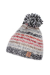 Pachamama Langtang Bobble Beanie in Red. A red, blue and white striped bobble beanie on white background