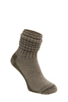 Silverpoint Soft Top Hiking Travel and Diabetic Socks in Beige/Green with the cuff rolled down.