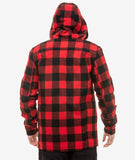 Swanndri Men's Hudson Wool Hoodie in red, black check. Hood up from the back