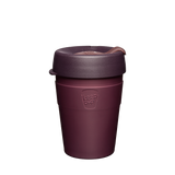 KeepCup Thermal Medium 12oz/340ml Double Walled Stainless Steel Reusable Cup in Alder colour with soft touch surface finish style showin the lid on.