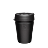 KeepCup Thermal Medium 12oz/340ml Double Walled Stainless Steel Reusable Cup in Black colour which has a stone surface finish style. Showing takeaway cup with the lid on.