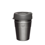 KeepCup Thermal Medium 12oz/340ml Double Walled Stainless Steel Reusable Cup in Nitro colour which has brushed surface finish style. Showing the takeaway cup with the lid on.