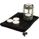 UCO Mini Candle Lantern Kit in the colour green with a black drawstring bag