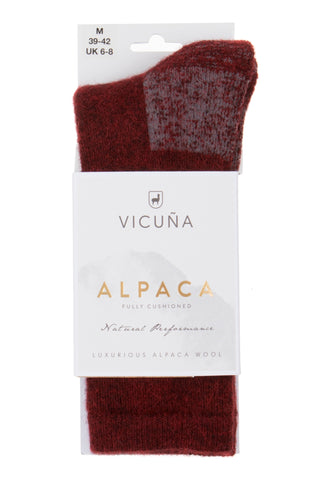 Vicuna Alpaca Fully Cushioned Socks in the colour red showing the packaging.