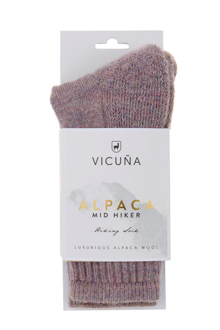 Vicuna Alpaca Midweight Socks in the colour Rock Rose showing the packaging
